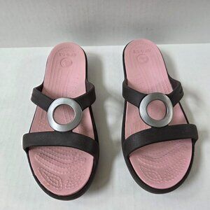 Crocs Sanrah Circle Slides Womens 6 Brown Pink Slip On Sandals